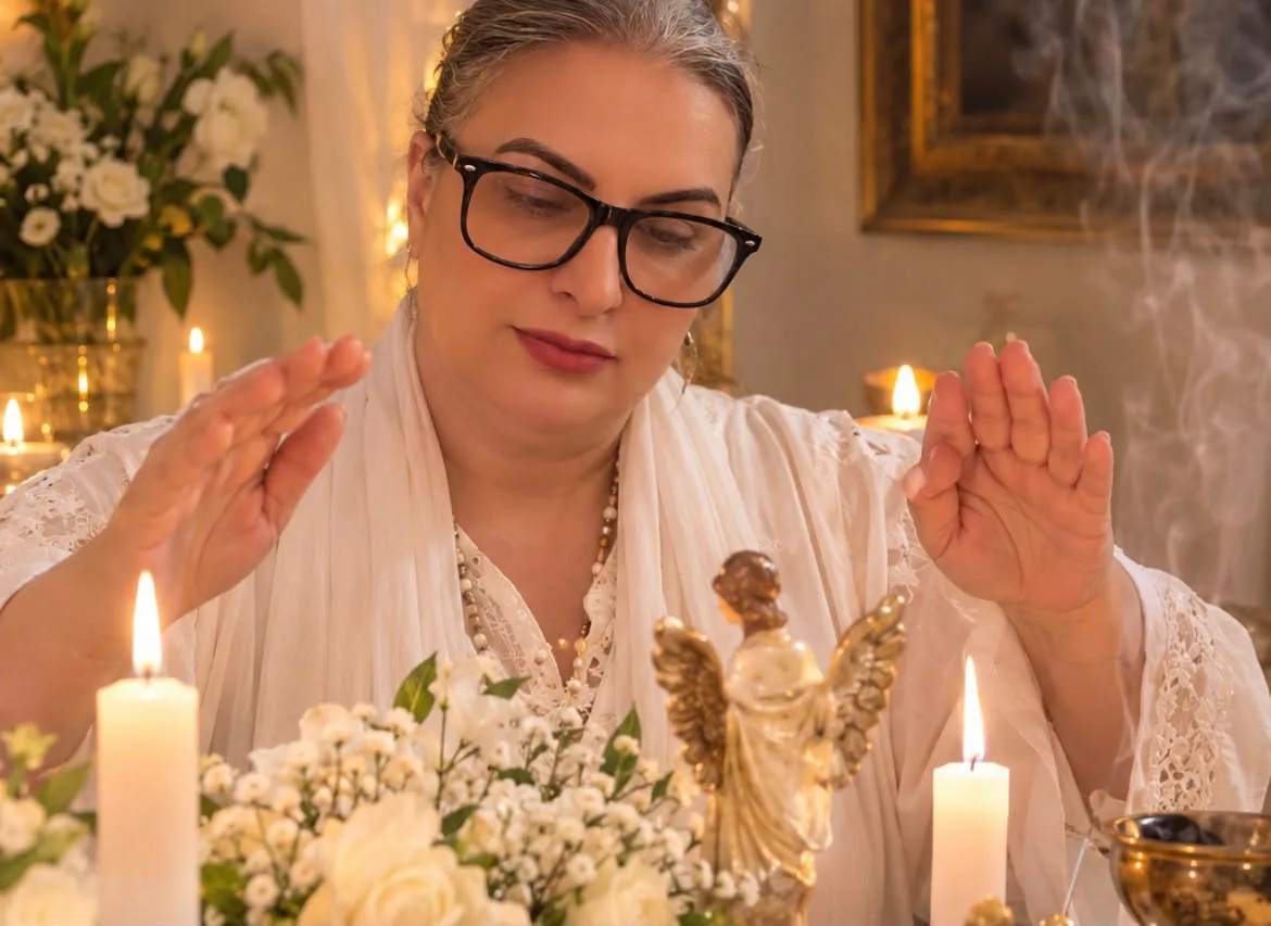 Ritual do Levante do Anjo da Guarda, mãos estendidas sobre velas, flores brancas e a imagem do anjo