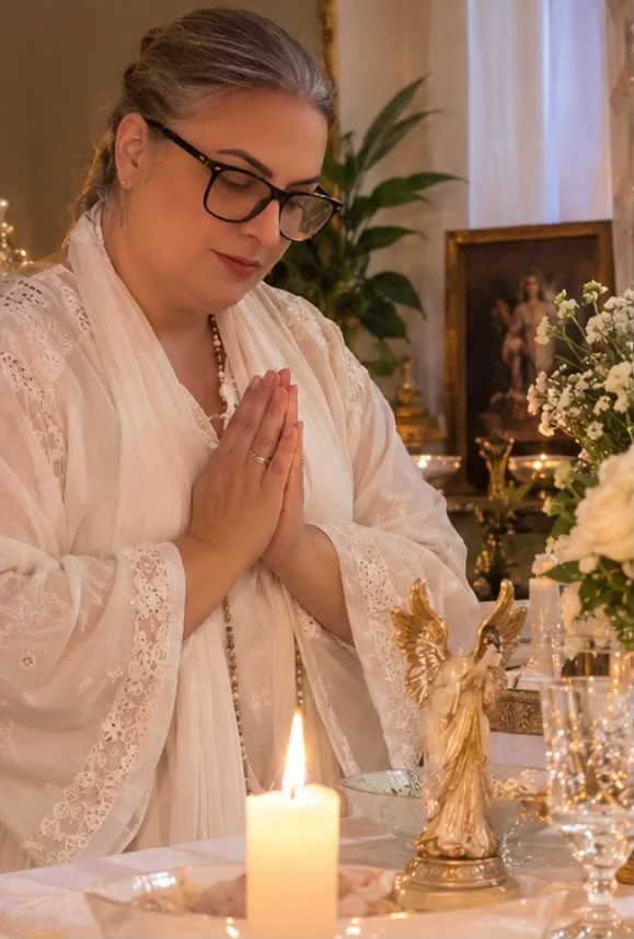 Oração de mãos juntas diante do altar do anjo da guarda