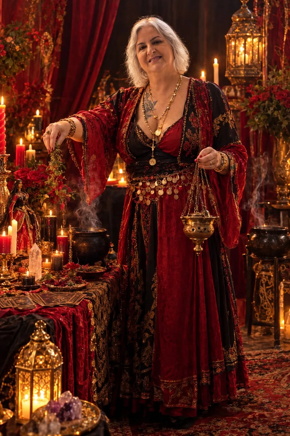 Denise, a Cigana Rubii, com traje cigano vermelho, preparando um ritual com ervas e incensário entre velas